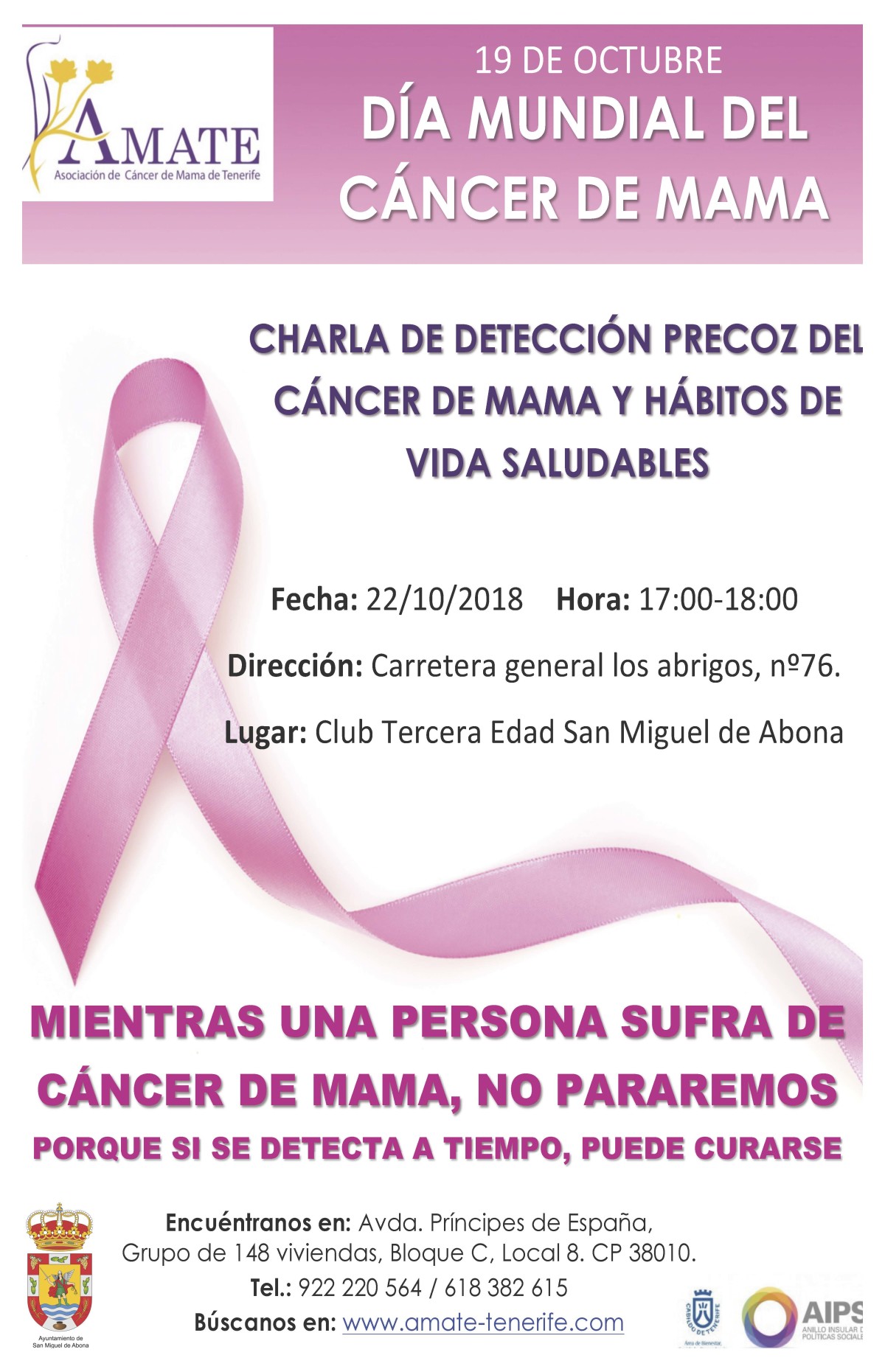 San Miguel de Abona acogerá una charla sobre el cáncer de mama y hábitos saludables el próximo lunes