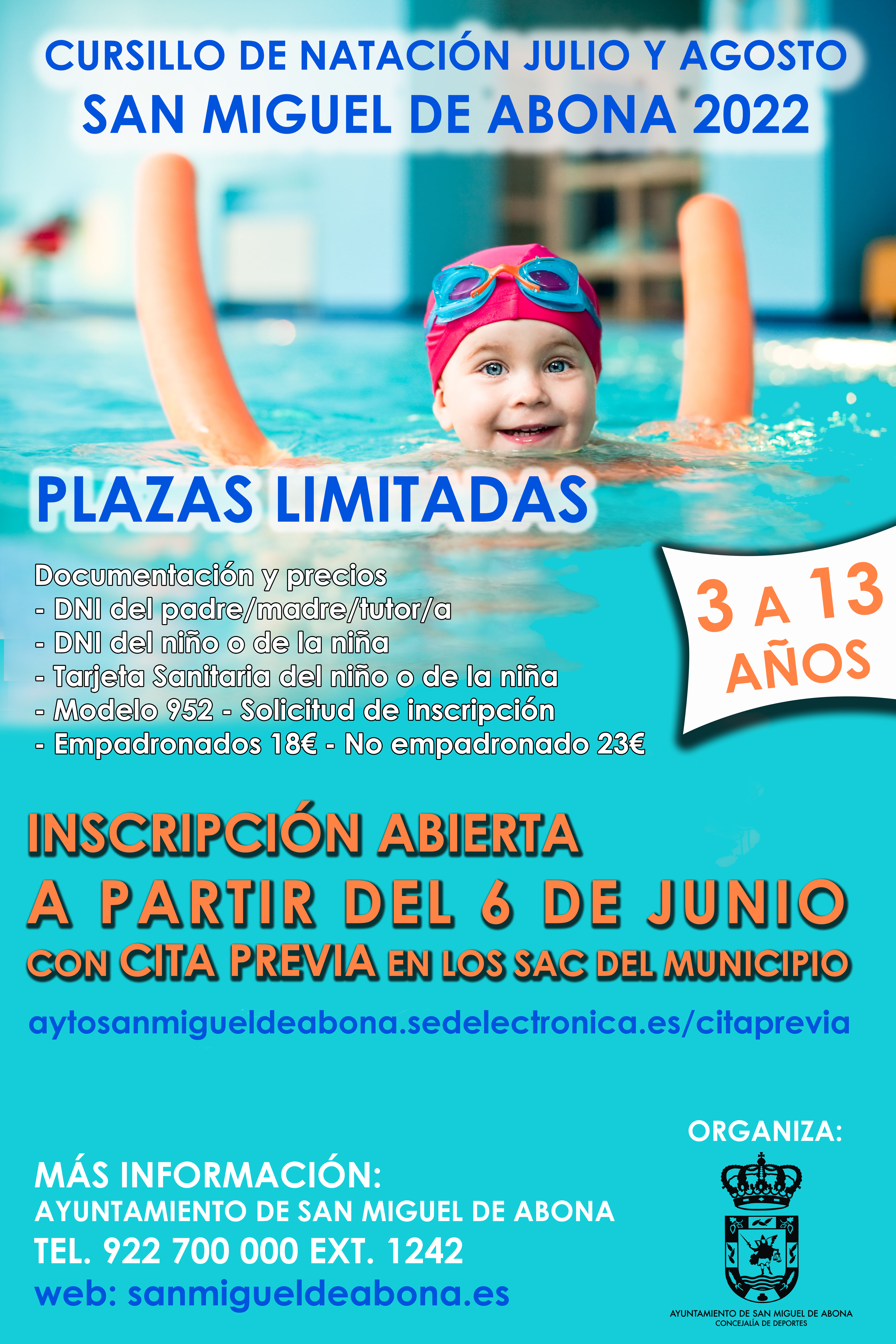 San Miguel pone en marcha los cursillos de natación de verano para niños y niñas